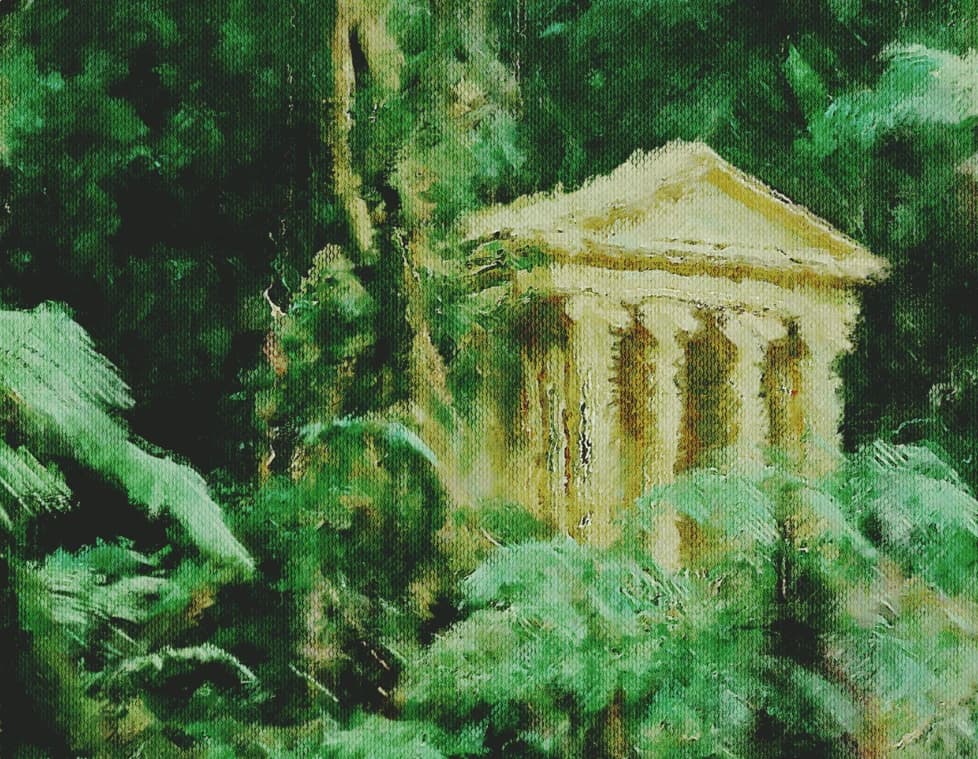 The Temple card art: a pale stone temple in a green, painted forest